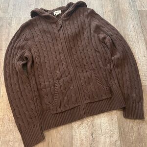 Chocolate Brown Cable Knit Zip-Up Hooded Jacket Preppy